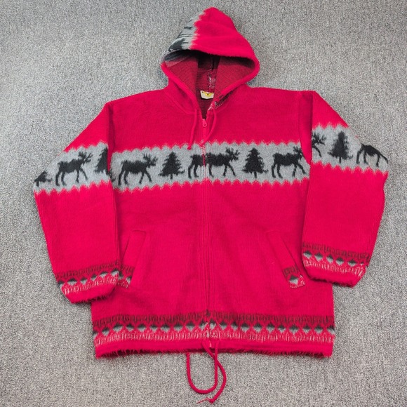 Earthragz Vintage Gorpcore Moose Wool Blend Zip Hoodie Large Red Cabin Lodge — photo 2